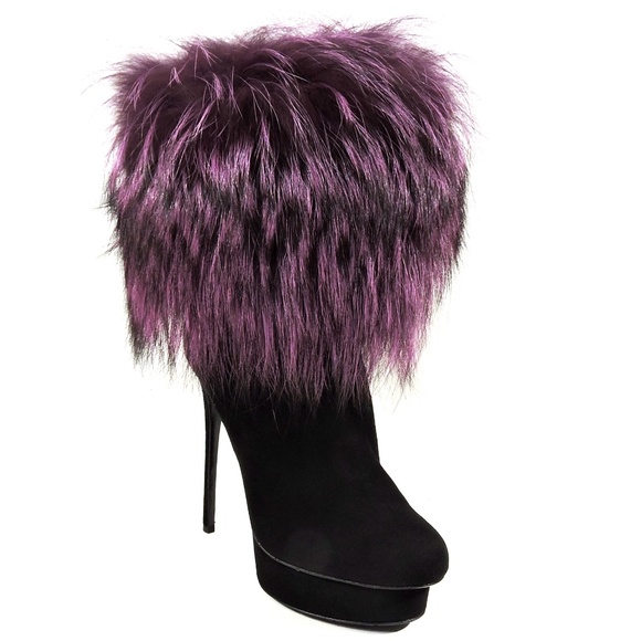 GIANMARCO LORENZI 🇮🇹 WOMEN'S BLACK SUEDE & FOX FUR FASHION BOOTIE - Picture 4 of 8